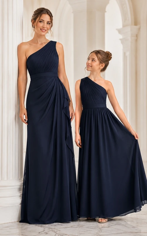 Mother Daughter Dark Navy One-Shoulder Chiffon Formal Dress Set