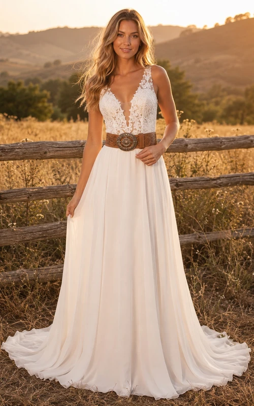 Robe de mariée champêtre en mousseline et dentelle, coupe trapèze, col en V, sans manches, traîne, dos nu plongeant.