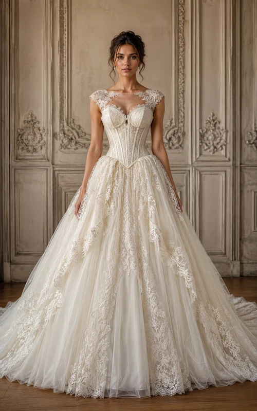 Ballkleid mit Spitzenärmeln, Vintage-Hochzeitskleid
