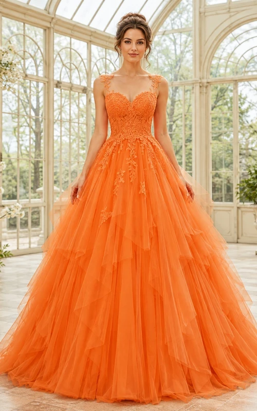 Luxury Orange Floral Applique Strapless Tulle Ball Gown Floor-Length Prom Dress