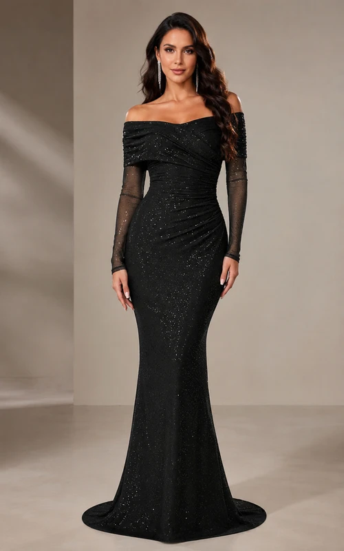 Sequin Evening Dress in Black, Off-the-shoulder Mermaid Sweep Train Gown with Sequins and Ruching