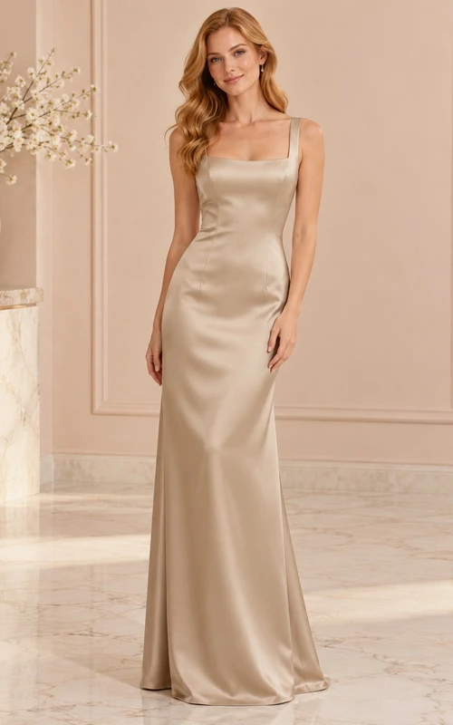 Square Neck Simple Champagne Satin Wide Strap Column Evening Dress