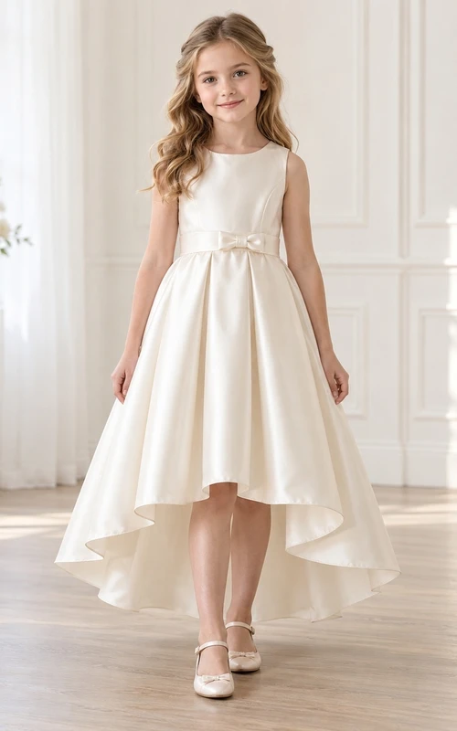 High-low Simple Ivory Sleeveless Scoop Bow Sashed Gathered Satin A-Line Flowergirl Dress