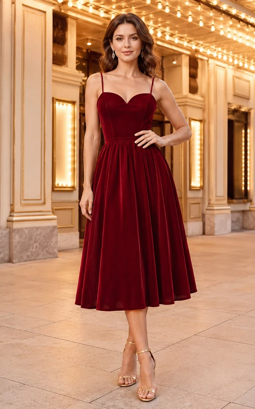 Burgundy velvet spaghetti strap sweetheart theater midi dress