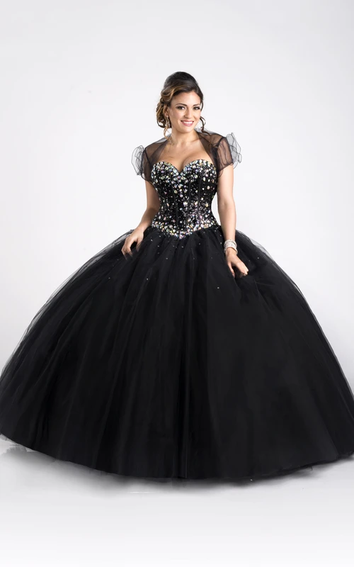 Robe de bal trapèze sans manches en tulle avec corsage en cristal et coiffe amovible