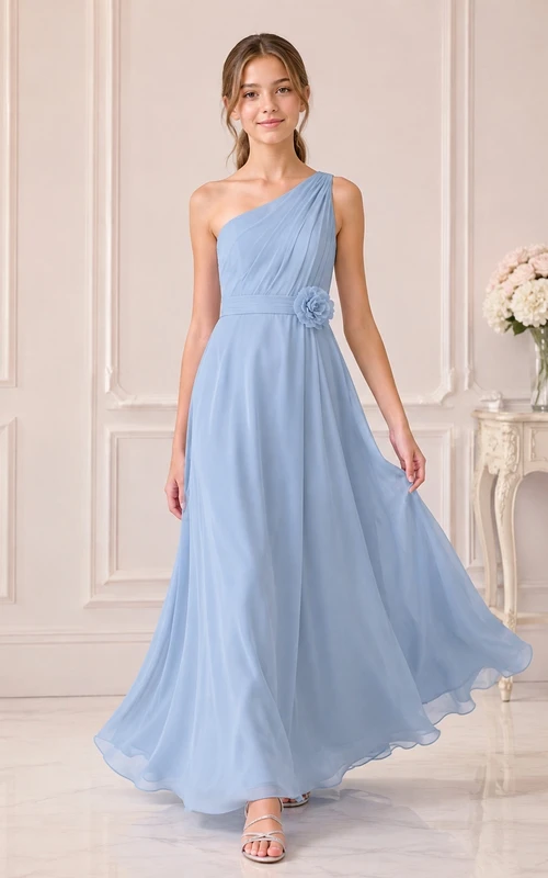 Vestido de dama de honor juvenil Mist, corte en A, largo hasta el suelo, un solo hombro, sin mangas, corpiño drapeado, estilo romántico.