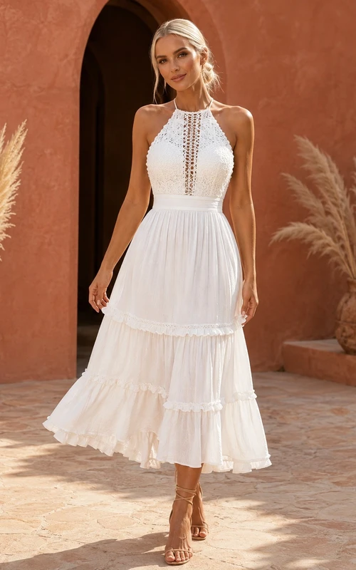 Weißes, ärmelloses Cocktailkleid aus Tüll mit Schlüssellochausschnitt, Neckholder und A-Linien-Schnitt in Teelänge und Stufenrock