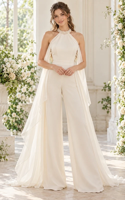 High Neck Pearl Halter Draped Scarf Back Wide Leg Bridal Jumpsuit
