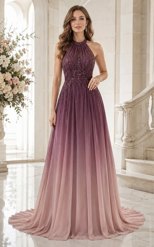 Vestido de noche largo hasta el suelo, de gasa con cuello alto, cuentas y estilo degradado, color malva vintage.