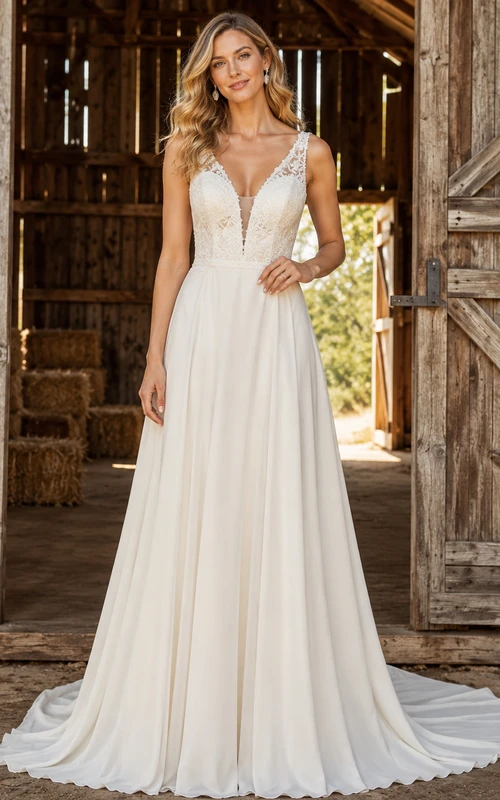 Vestido de novia bohemio de gasa y encaje, corte en A, escote en V, sin mangas, con cola larga.