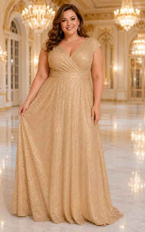 Plus Size Gold Sequin A-Line Formal Dress with V-Neck and Cap Sleeves
