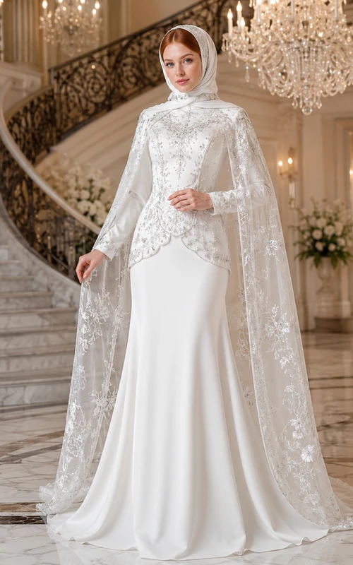 Robe de mariée deux pièces musulmane en dentelle, cape et satin, style fourreau, robe fourreau en satin et dentelle.
