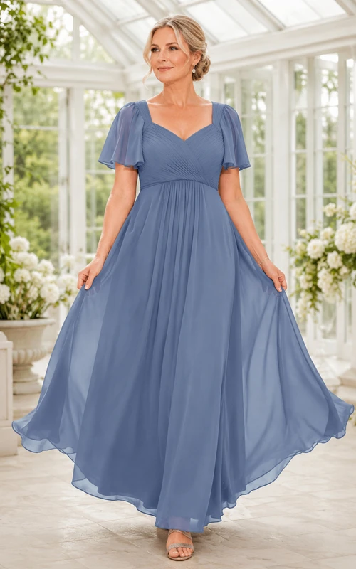 Elegantes, bodenlanges Chiffonkleid in Stahlblau mit A-Linien-Schnitt, V-Ausschnitt, Empire-Taille, flatternden Ärmeln und weitem Rock – perfekt für die Mutter der Braut.