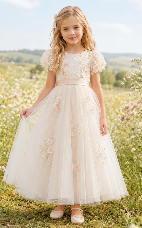 Flower Girl Dress Ivory Lace Tulle A-Line Short Sleeve Scoop Neck Tea Length