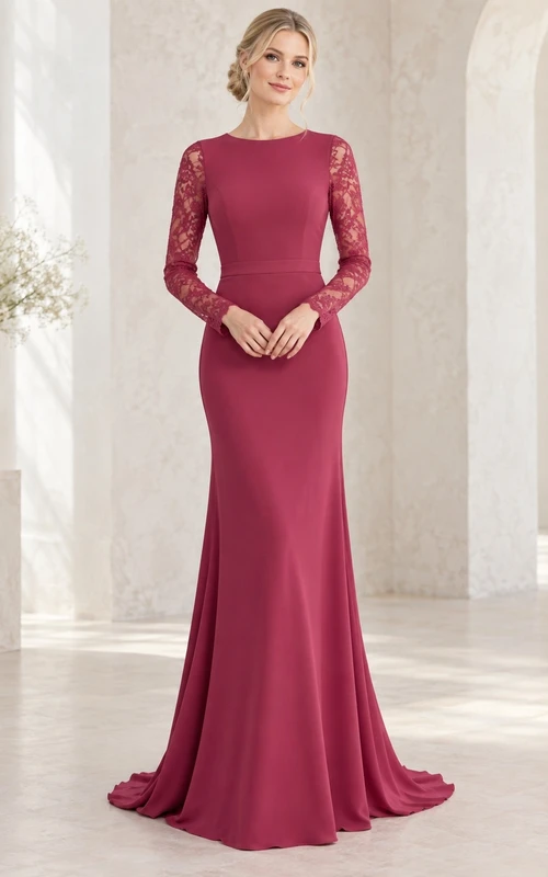 Vestido de dama de honor minimalista, elegante, elegante, ajustado y con falda acampanada, de encaje color frambuesa y manga larga.