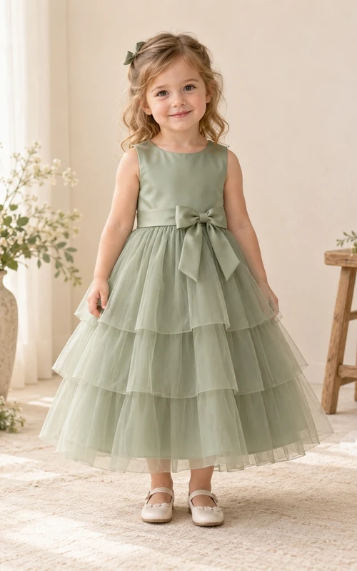 Teelanges, schlichtes, salbeifarbenes Sommerkleid in A-Linie aus Tüll, ärmellos, mit Schleife in der Taille, Blumenmädchenkleid