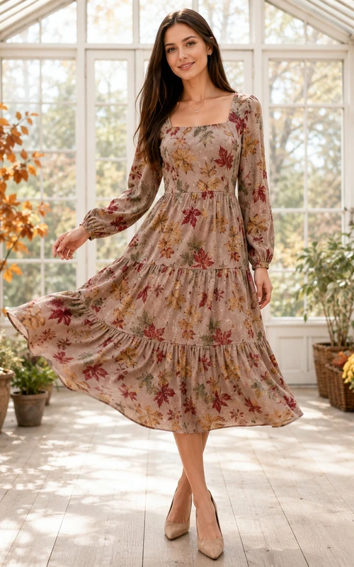 Vestido midi escalonado con estampado floral otoñal y escote cuadrado