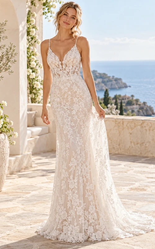 Sheath Spaghetti Strap V-neck Floral Lace Bridal Wedding Dress