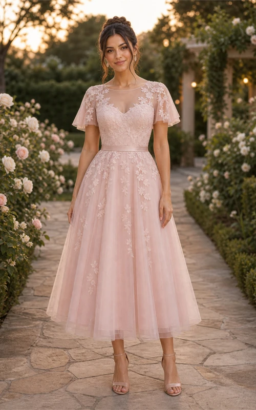 Robe trapèze en tulle à manches courtes et dentelle rose poudré, coupe trapèze, manches courtes.