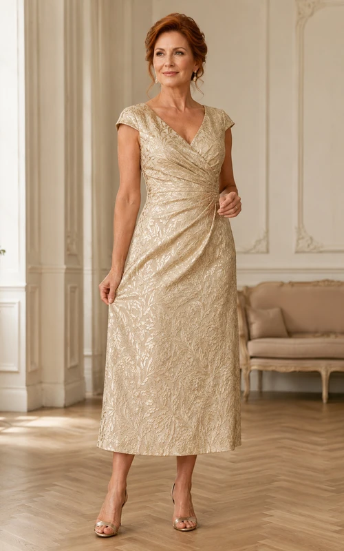Soft Gold Elegant V-Neck Jacquard A-Line Tea-Length Mother of the Bride Midi Dress with Cap Sleeves and Wrap Bodice