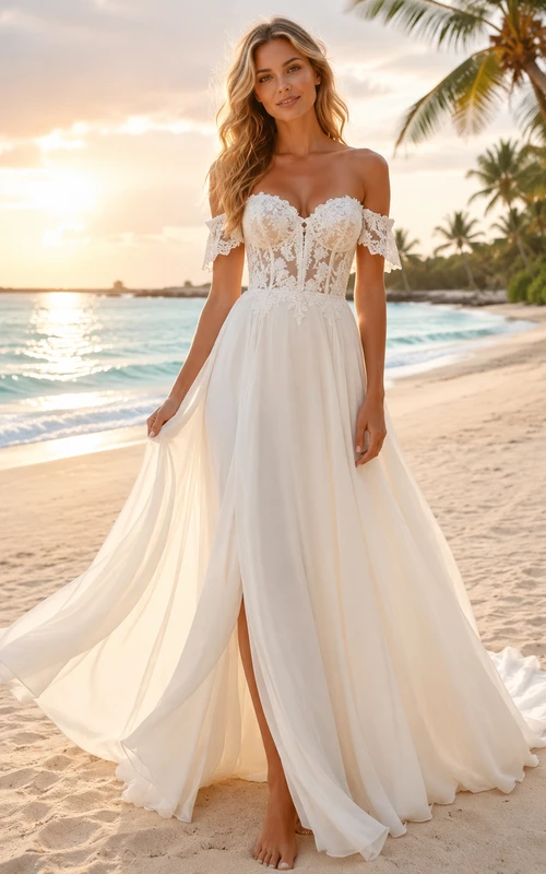 Beach Chiffon Tulle Wedding Dress A-Line Off Shoulder Sweep Train with Slit Bridal Gown