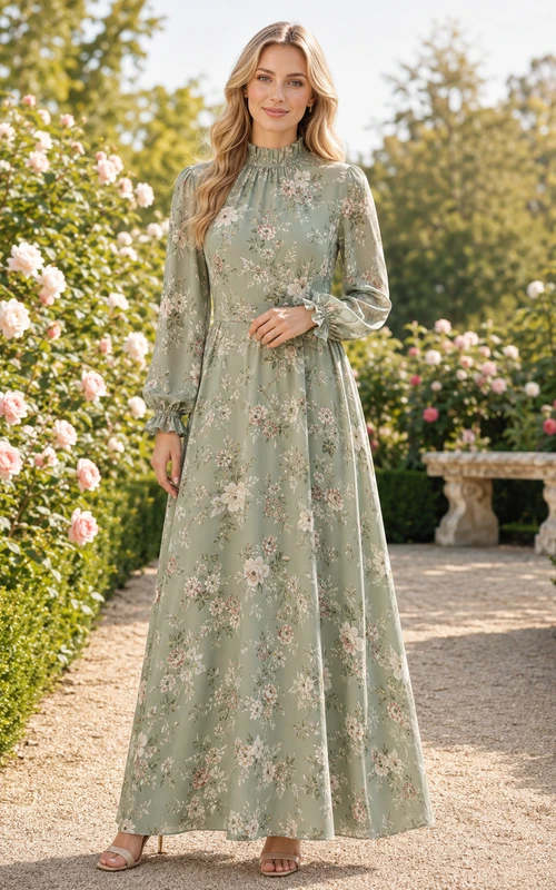 Sage Floral Long Sleeve Modest Garden Party Maxi Dress