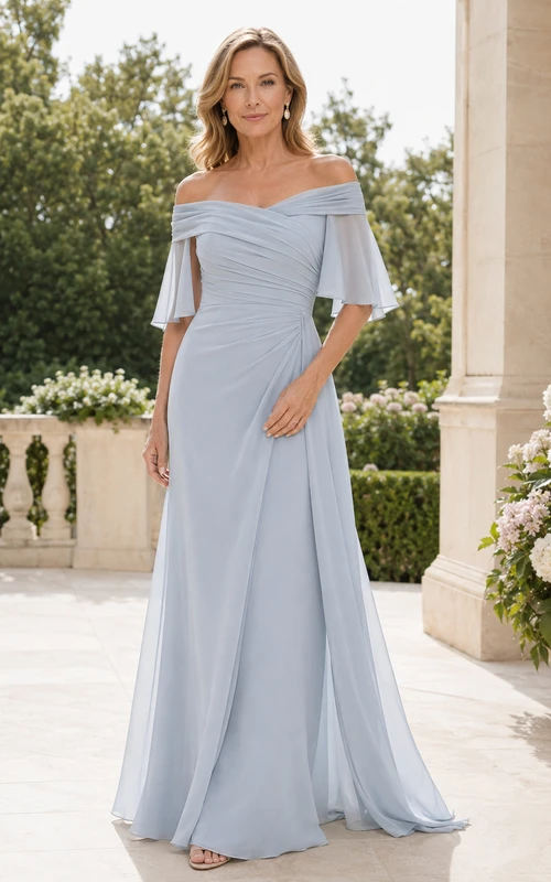 Himmelblaues schulterfreies Chiffon-Kleid in A-Linie mit flatternden Ärmeln