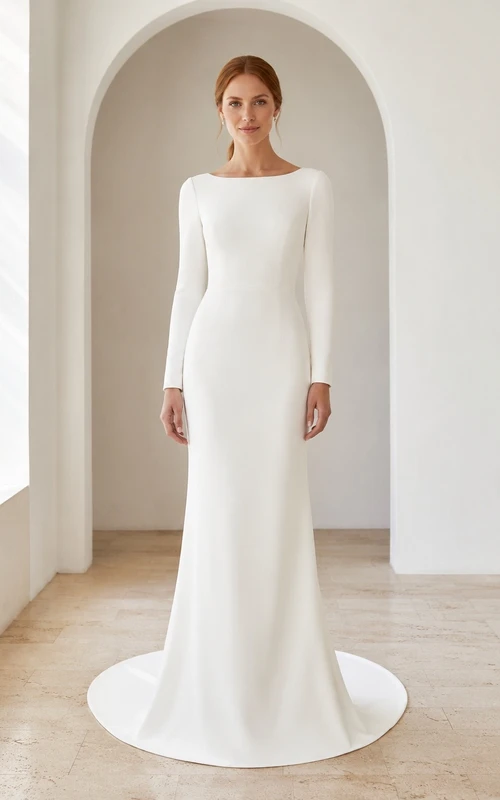 Modest Long Sleeve Sheath Sweep Train Bridal Wedding Dress Formal