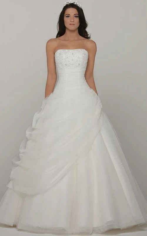 Ball Gown Sleeveless Strapless Long Beaded Tulle Wedding Dress With Pick Up
