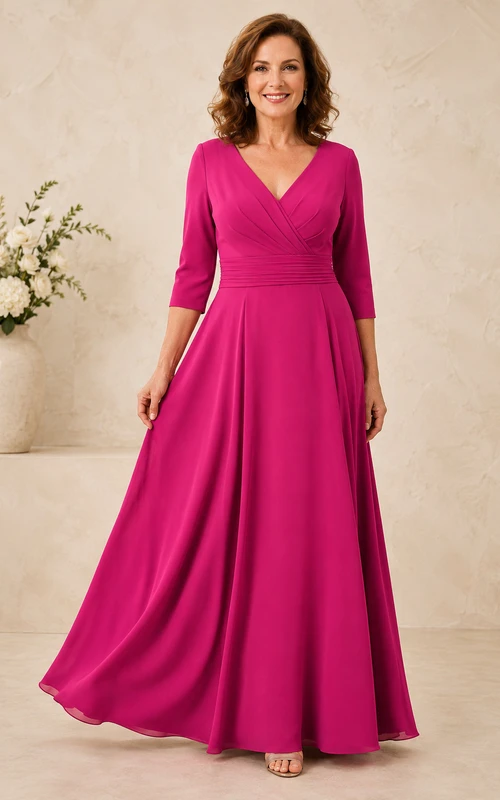 Fuchsiafarbenes A-Linien-Kleid mit V-Ausschnitt und 3/4-Ärmeln