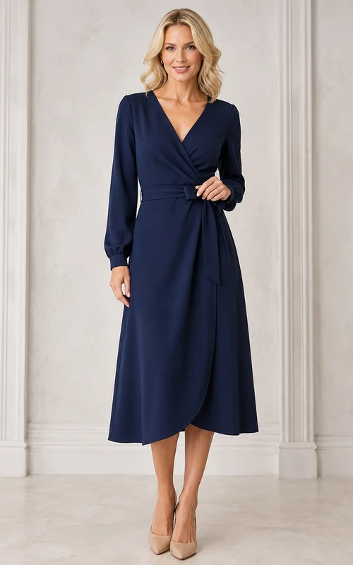 Vestido modesto de gasa azul marino con escote en V, manga larga y corte en A, largo hasta la rodilla.