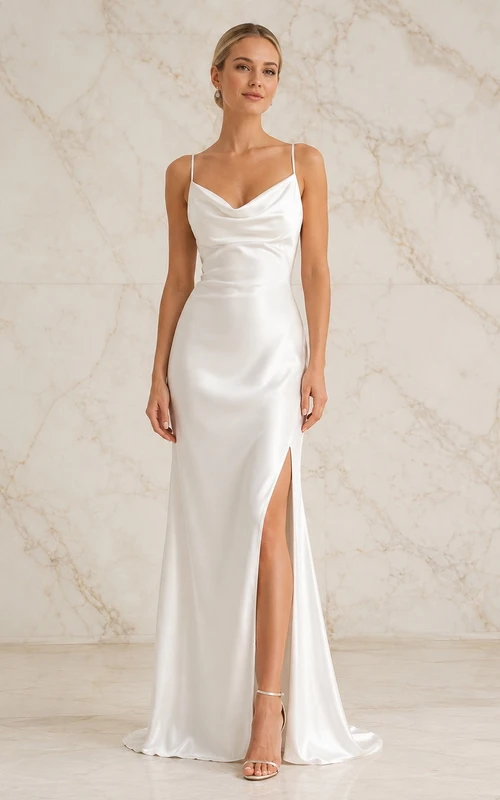 White Cowl Satin Side-Slit Sheath Floor-Length Sleeveless Sexy Evening Gown