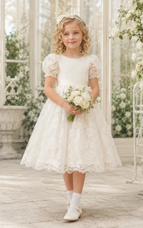 Flower Girl Dress Ivory Lace A-Line Puff Sleeve Scoop Neck Tea Length