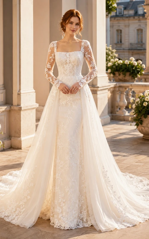 Vestido de novia de tul y encaje, corte en A, escote cuadrado, manga larga, cola larga.