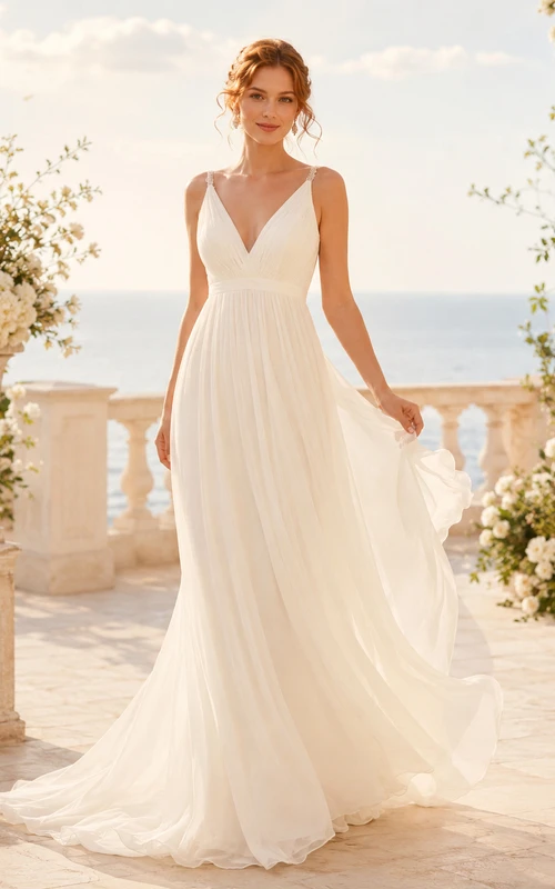 Vestido de novia de gasa para playa, corte en A, escote en V, sin mangas, cola larga, espalda baja en V.
