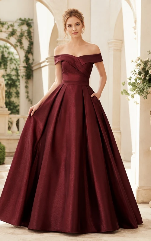 Off-Shoulder Burgundy Pleated Satin Ball Gown Floor-Length Pockets Formal Dress