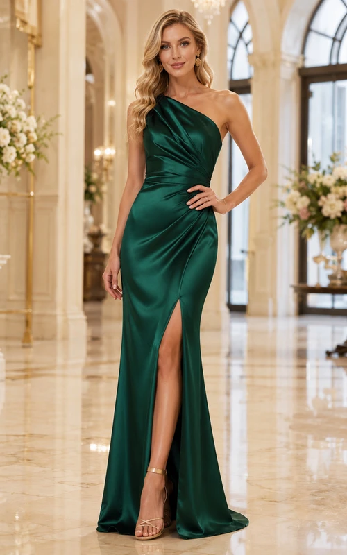 Dark Green Evening Gala Wedding Guest Bridesmaid Evening Formal Dress Sheath Floor-Length One-Shoulder Sleeveless Satin Ruched Leg Slit Zipper Back