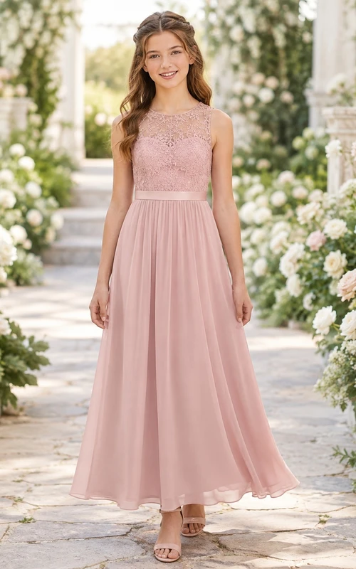 Elegantes, ärmelloses Brautjungfernkleid in zartem Rosa mit A-Linien-Schmuckmuster und Spitze