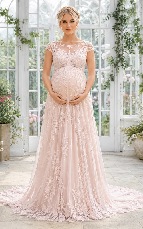 Maternity Wedding Dress High Neck Sleeveless Lace Tulle Garden Gown with Illusion Back