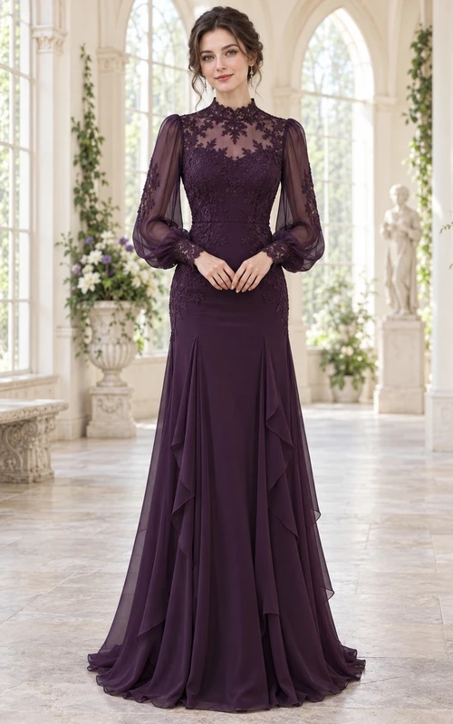 Vestido de dama de honor ajustado de gasa con encaje gótico, cuello alto y manga larga, color morado oscuro.
