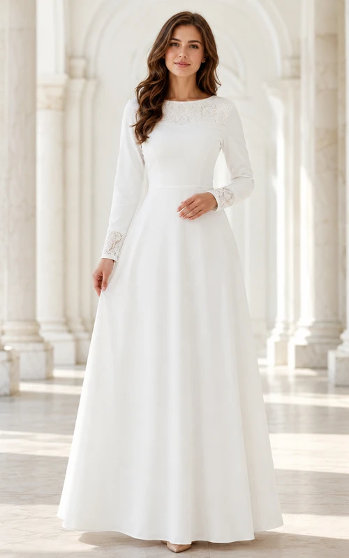 Robe de mariée simple et élégante, coupe trapèze, ornée de dentelle, longueur au sol, manches longues, en satin, style modeste, avec empiècements en dentelle.
