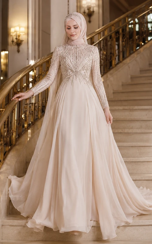 Robe de mariée musulmane hijab à corsage perlé, coupe trapèze, ourlet escalier