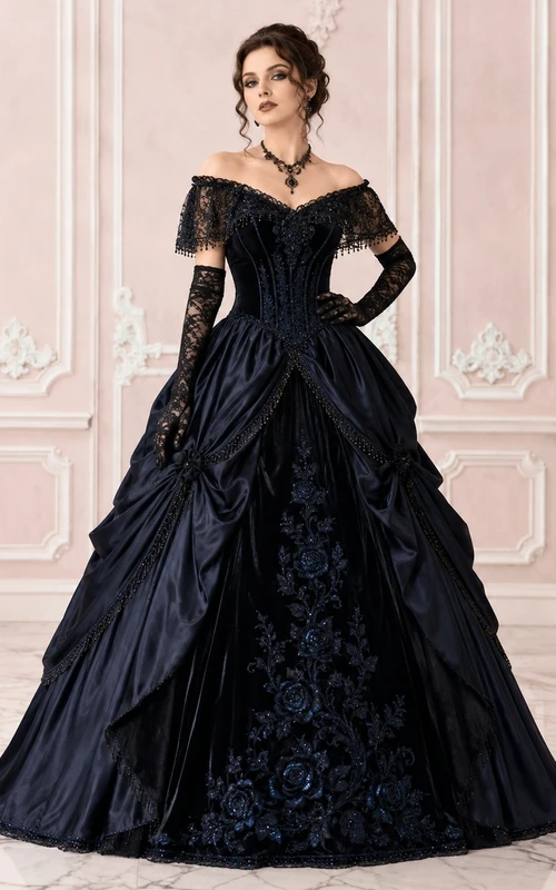 Schwarzes schulterfreies, drapiertes Jacquard-Ballkleid im Gothic-Stil