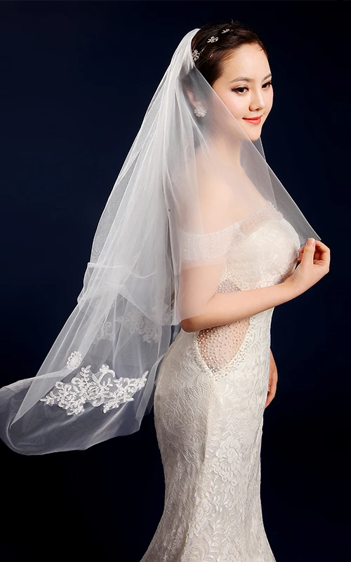Voile de mariée court et simple, arrivant au bout des doigts, orné d'appliques