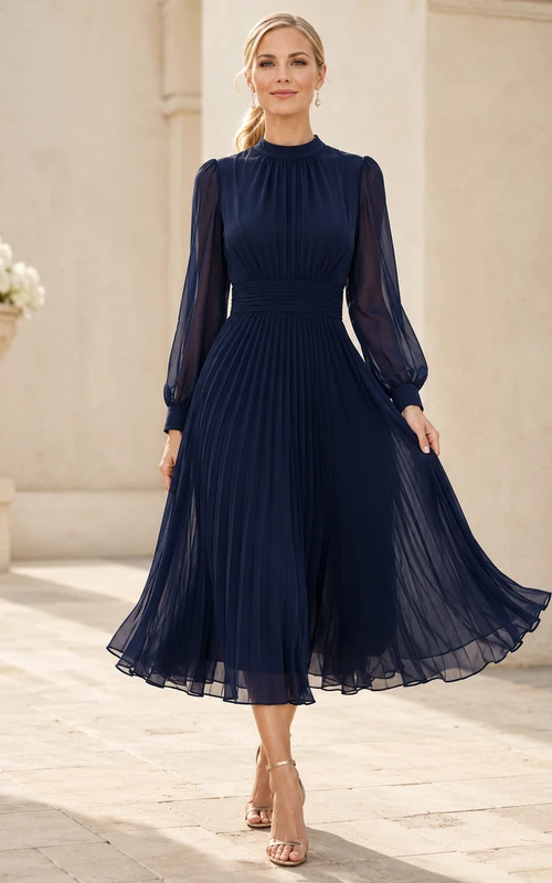 Robe mi-longue en mousseline plissée bleu marine foncé, col montant, manches longues, coupe modeste, plissée, en mousseline, bleu marine foncé