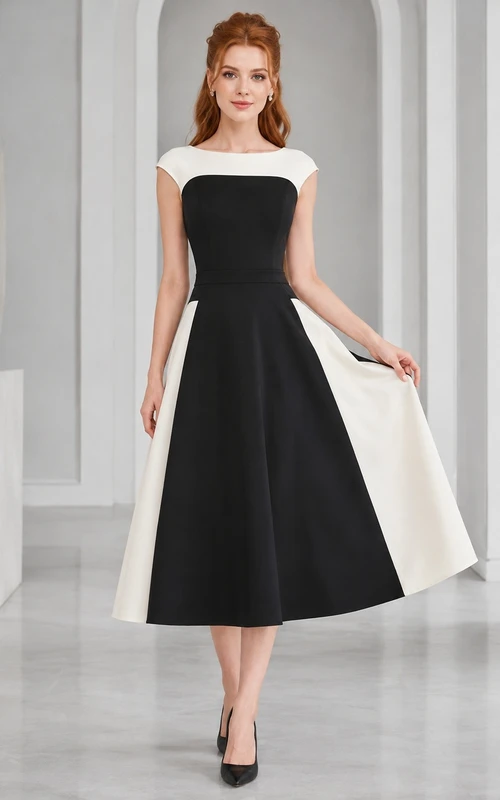 Schwarzes Vintage-Abendkleid in Teelänge mit weißen Flügelärmeln und A-Linien-Schnitt
