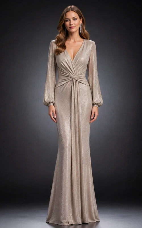 Taupe Jersey V-neck Long Sleeve Sheath Floor-length Ruched Elegant Evening Gown