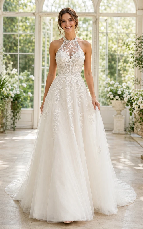 Romantic Halter Lace Tulle Wedding A Line Sleeveless Chapel Train