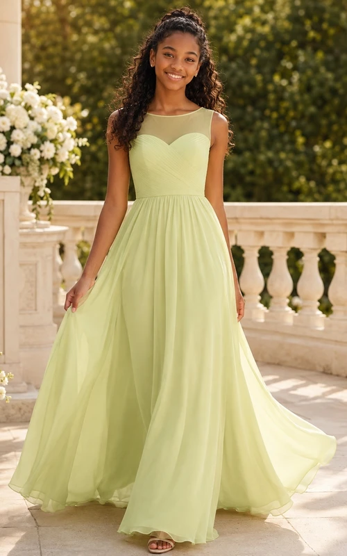 Limettengrünes Brautjungfernkleid für junge Damen, A-Linie, herzförmiger Ausschnitt und hoher Kragen, ärmellos, Illusionsärmel, Chiffon, schlicht