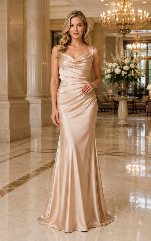 Vestido de dama de honor de satén color champán con cuello drapeado, tirantes finos y corpiño fruncido.